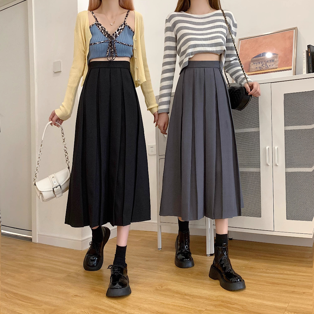 Porozi Mới Chân Váy midi Lưng Cao Dáng Rộng Màu Trơn Phong Cách Hàn Quốc Thời Trang Cho Nữ