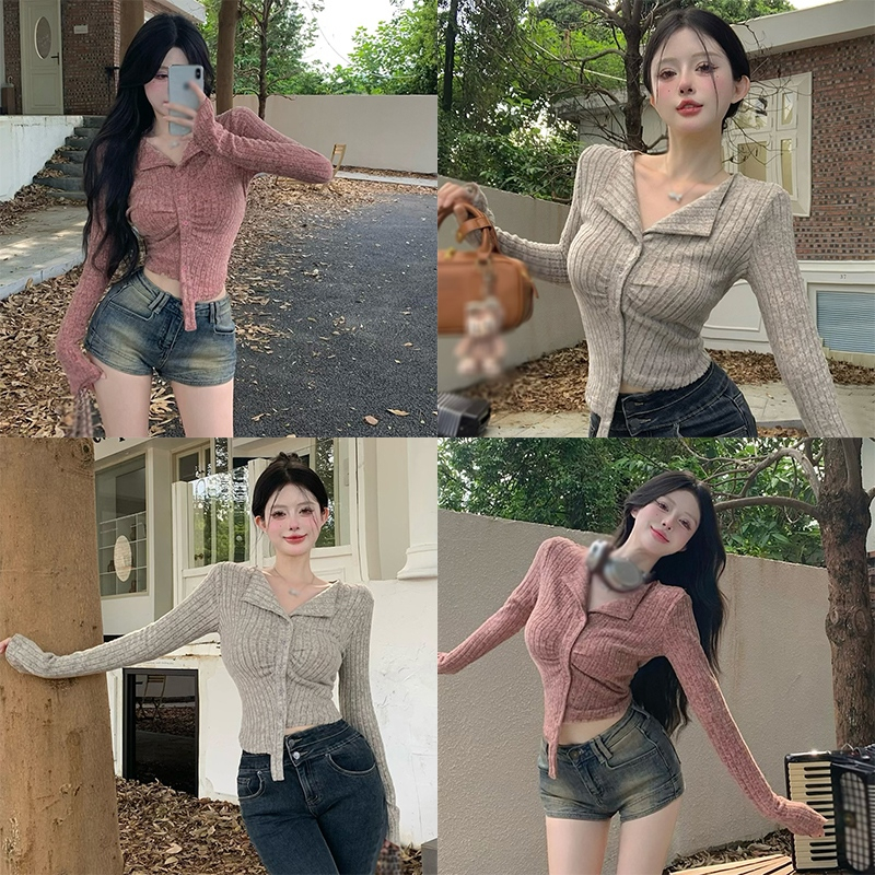 Áo Croptop Dệt Kim Tay Dài Màu Sắc Đơn Giản Thời Trang Cho Nữ