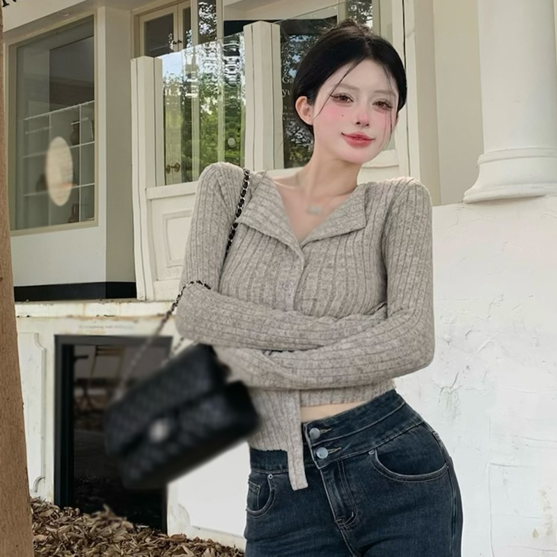 Áo Croptop Dệt Kim Tay Dài Màu Sắc Đơn Giản Thời Trang Cho Nữ