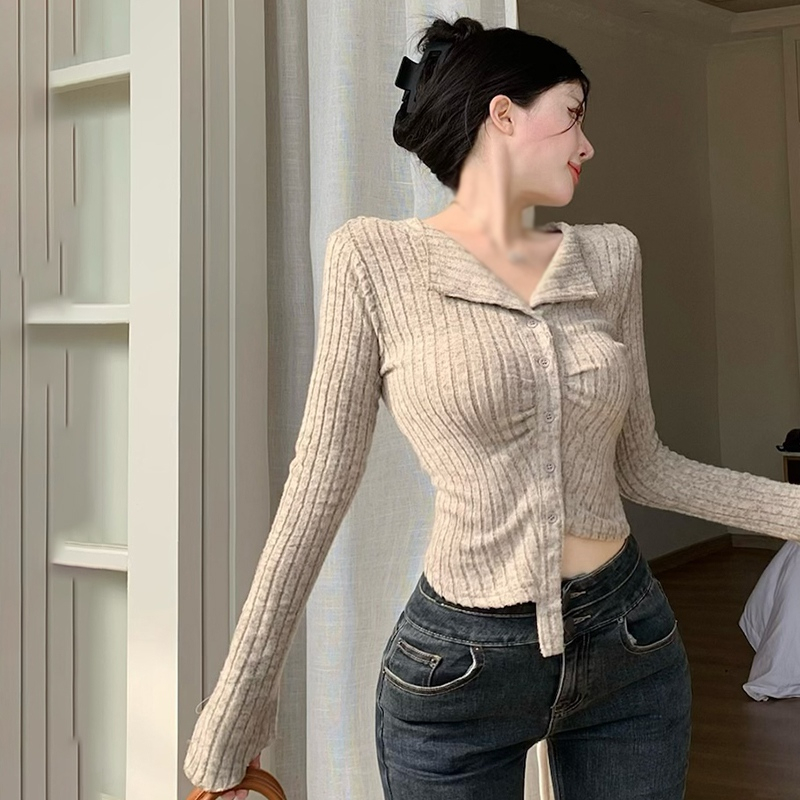 Áo Croptop Dệt Kim Tay Dài Màu Sắc Đơn Giản Thời Trang Cho Nữ