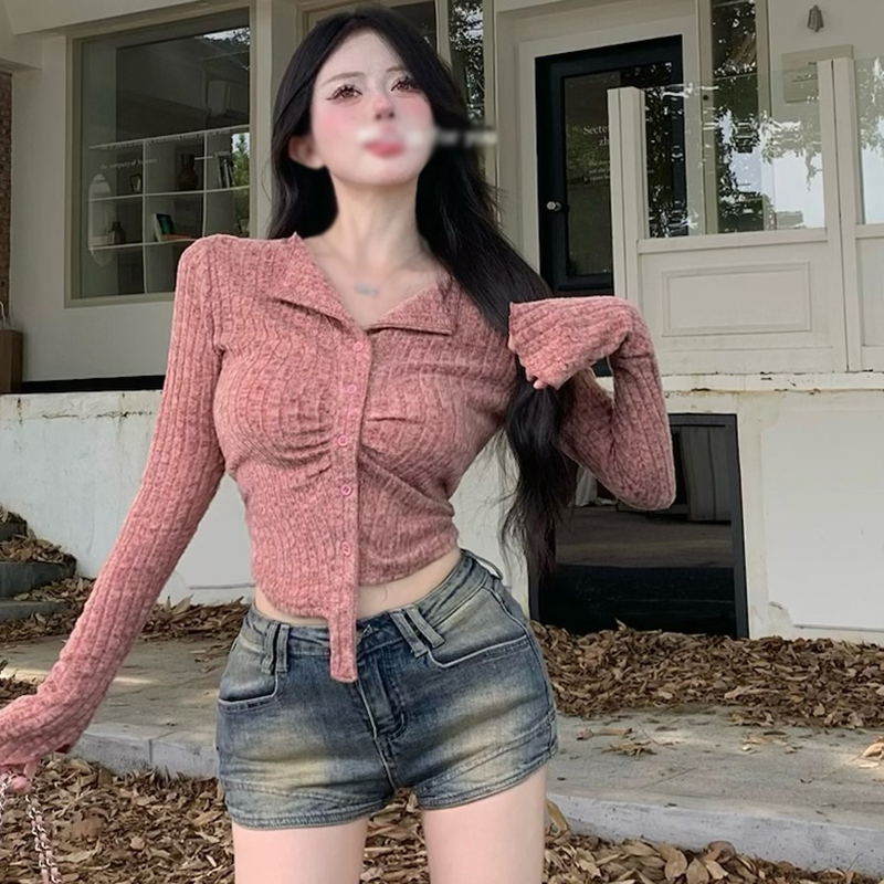 Áo Croptop Dệt Kim Tay Dài Màu Sắc Đơn Giản Thời Trang Cho Nữ