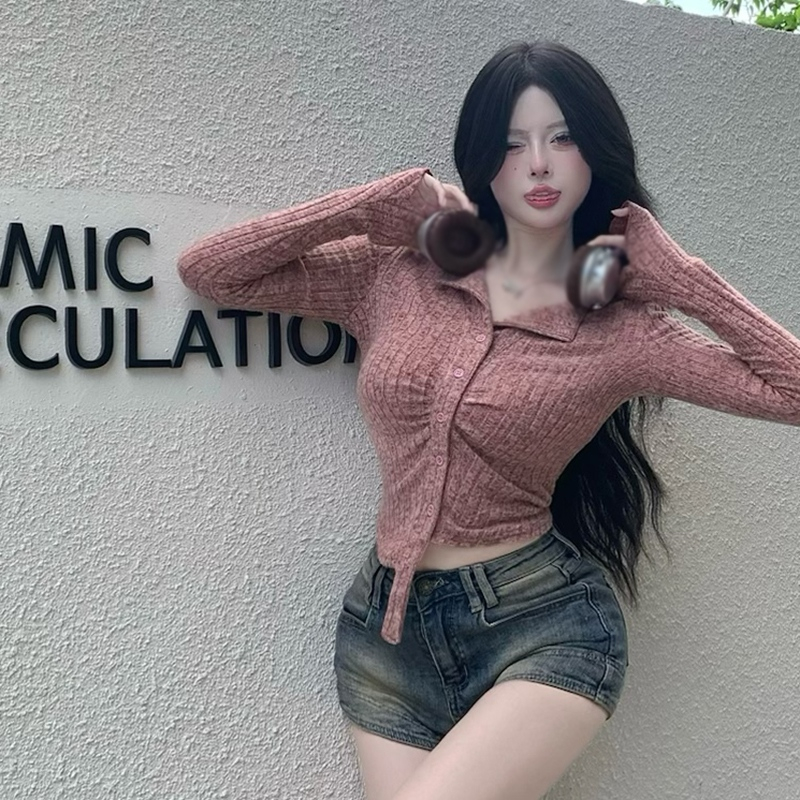 Áo Croptop Dệt Kim Tay Dài Màu Sắc Đơn Giản Thời Trang Cho Nữ