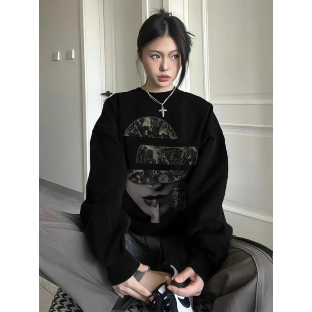 Đen Áo Sweater Tay Dài Dáng Rộng Phong Cách retro Mỹ Thời Trang Xuân Thu 2023 Cho Nữ