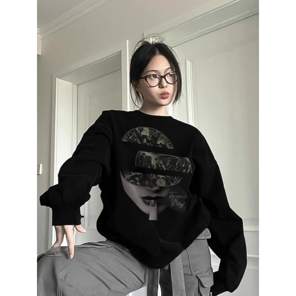 Đen Áo Sweater Tay Dài Dáng Rộng Phong Cách retro Mỹ Thời Trang Xuân Thu 2023 Cho Nữ