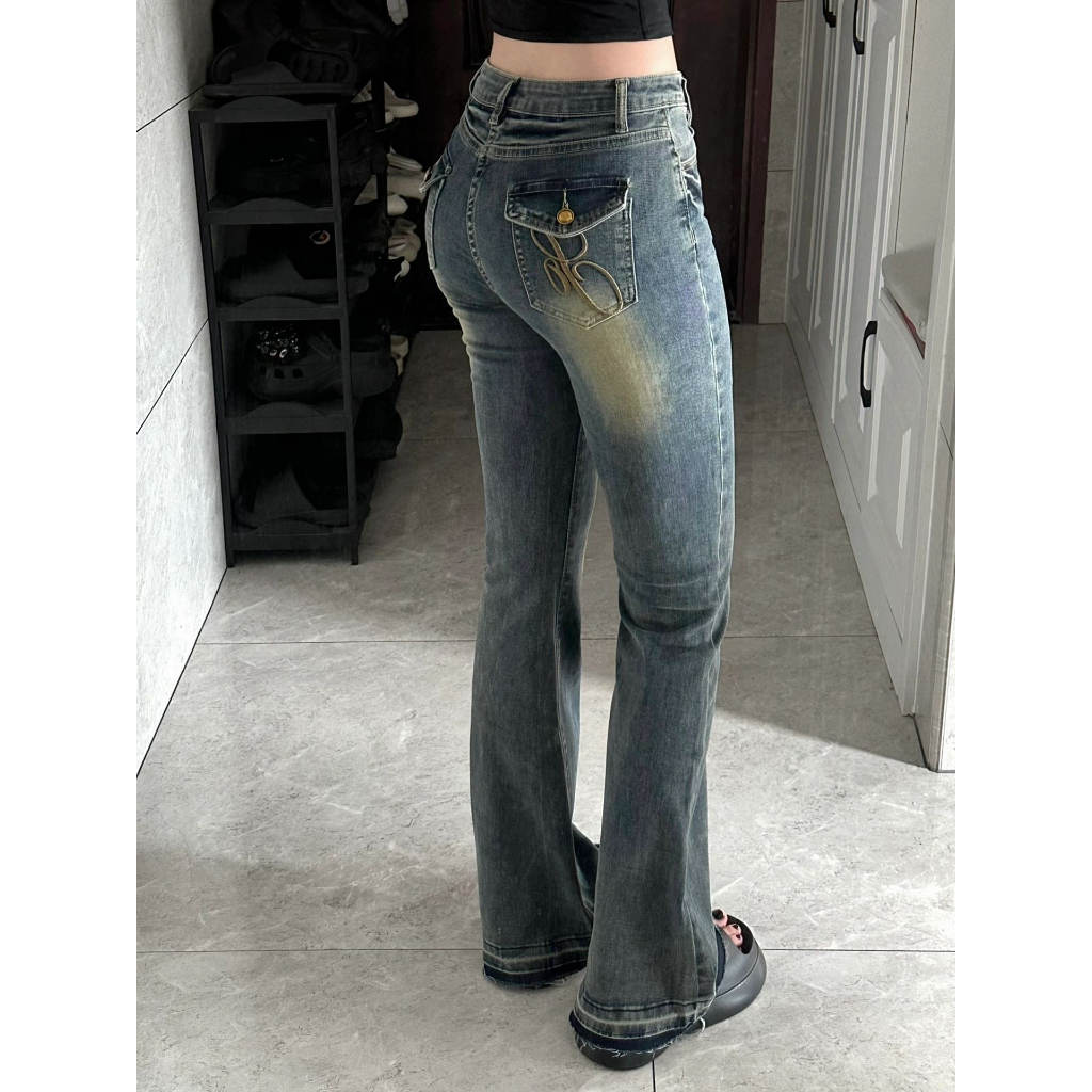 Quần Jean Nữ Lưng Cao Ống Loe Phong Cách retro