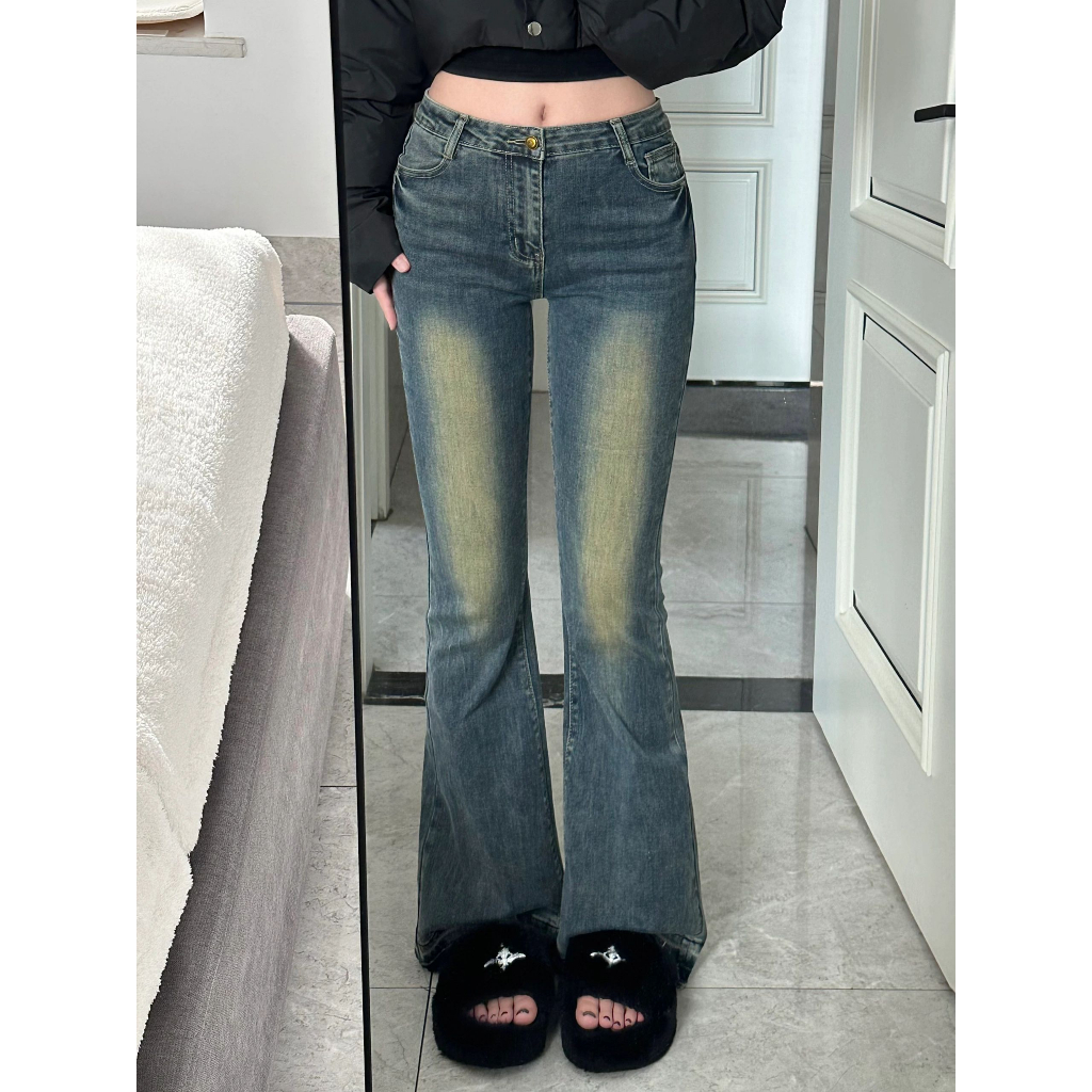 Quần Jean Nữ Lưng Cao Ống Loe Phong Cách retro