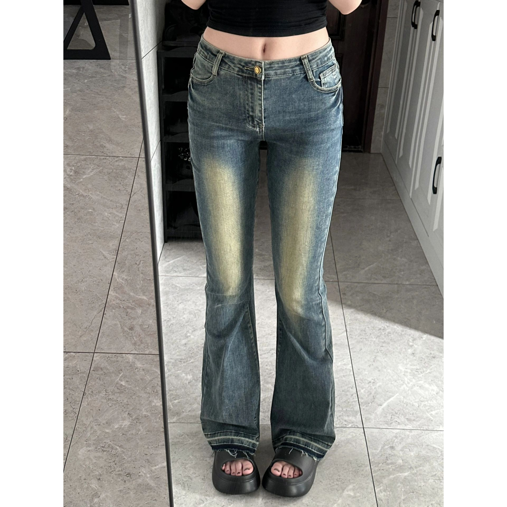 Quần Jean Nữ Lưng Cao Ống Loe Phong Cách retro