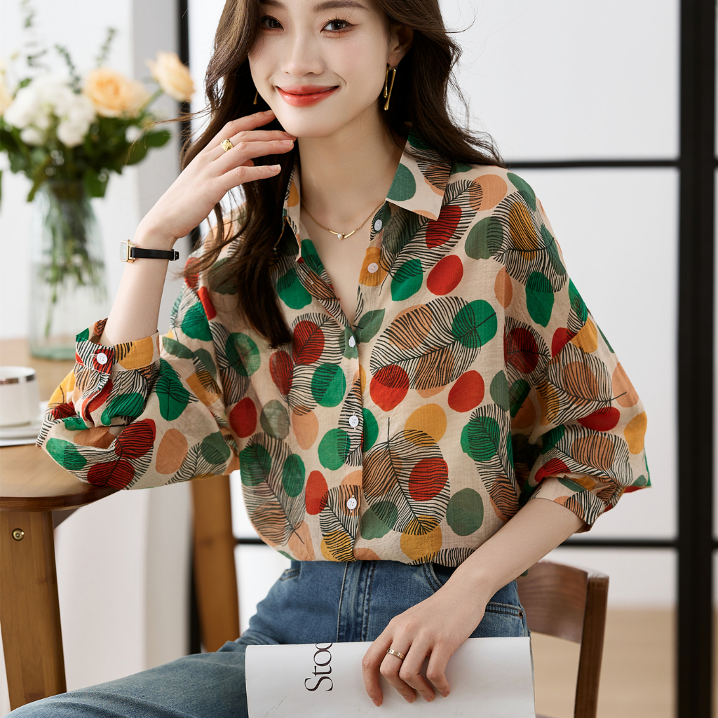 Áo Sơ Mi Chiffon Tay Dài Dáng Rộng In Họa Tiết Hoa Lá Nhiều Màu Thời Trang Mùa Hè Xinh Xắn Cho Nữ