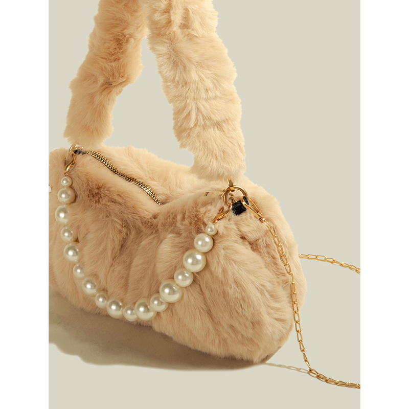 Muzikai Túi Xách Đeo Vai Phủ Lông Xếp Ly Đính Ngọc Trai Thời Trang Thu Đông 2023 Cao Cấp