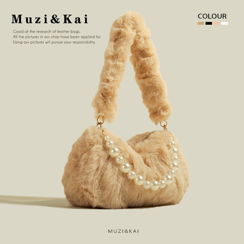 Muzikai Túi Xách Đeo Vai Phủ Lông Xếp Ly Đính Ngọc Trai Thời Trang Thu Đông 2023 Cao Cấp