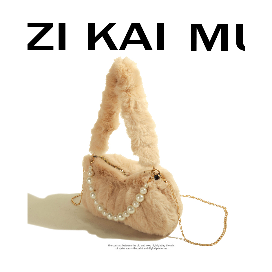 Muzikai Túi Xách Đeo Vai Phủ Lông Xếp Ly Đính Ngọc Trai Thời Trang Thu Đông 2023 Cao Cấp