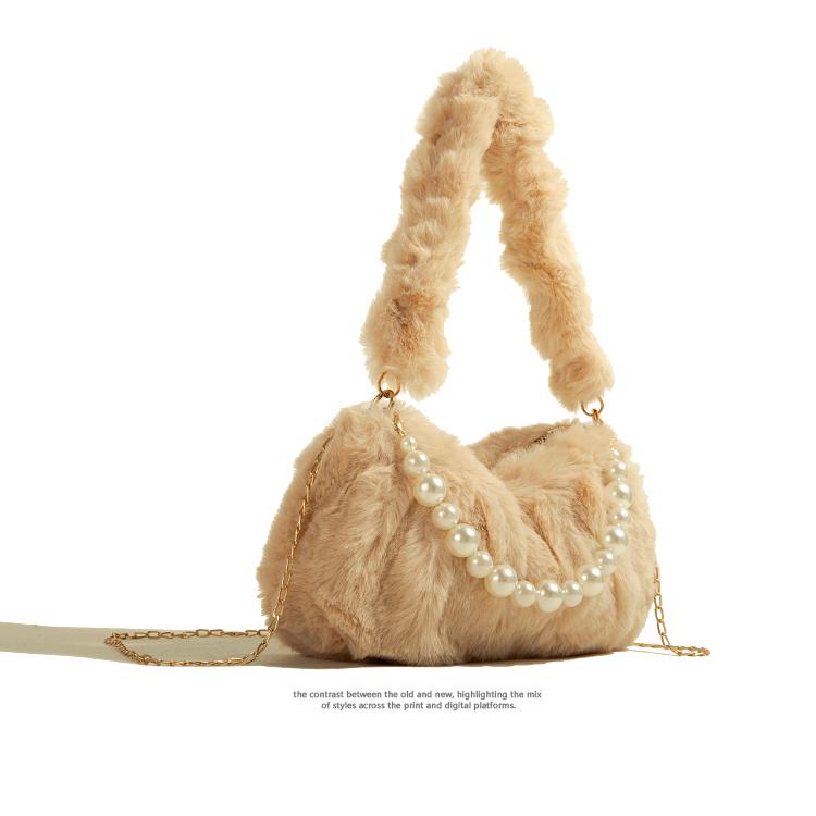 Muzikai Túi Xách Đeo Vai Phủ Lông Xếp Ly Đính Ngọc Trai Thời Trang Thu Đông 2023 Cao Cấp