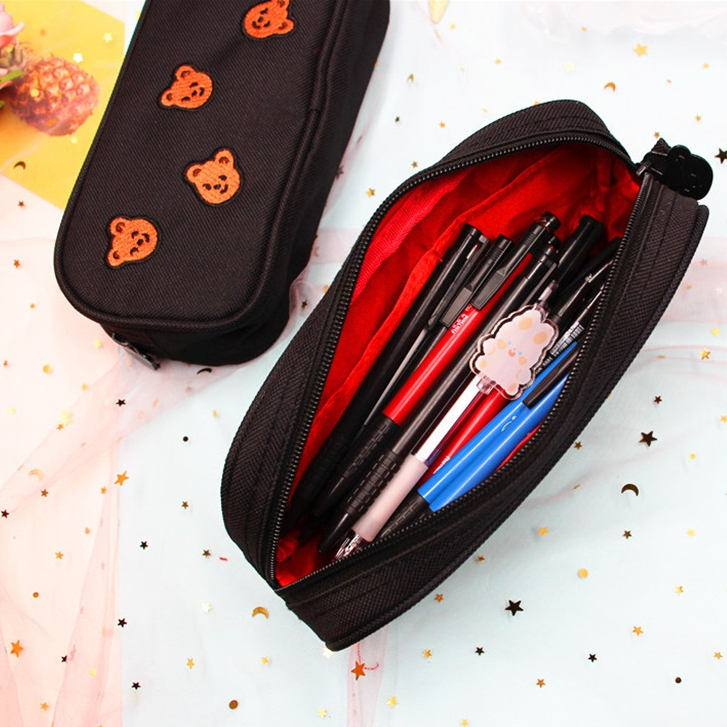 Bear Embroidery Canvas Pencil Bag Pen for Case Kids  Cosmetic Station