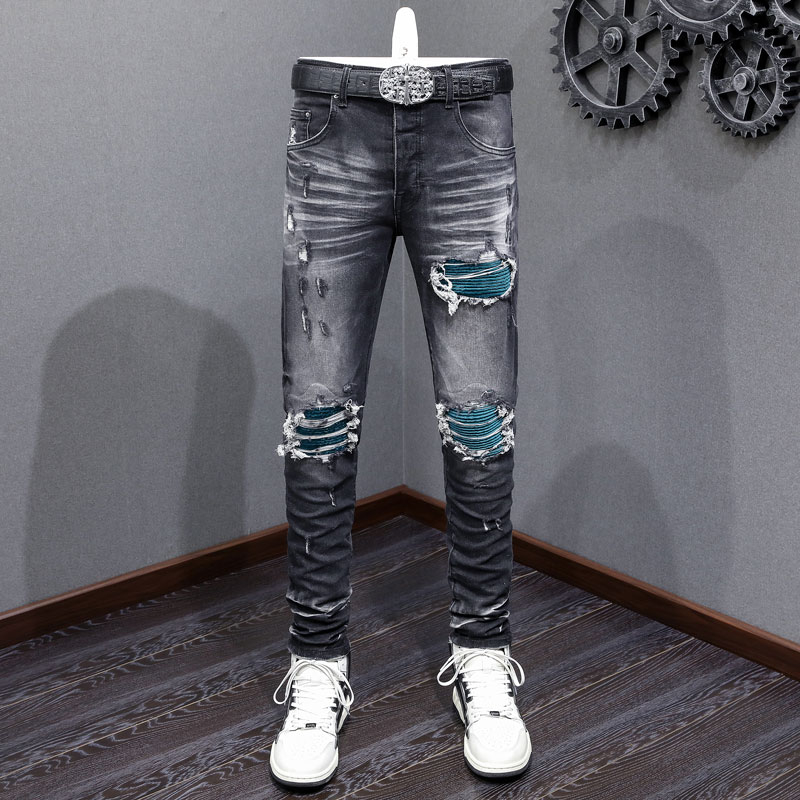 New Amiri High Street Fashion Men Jeans Vintage Black Grey Tight Fit Blue Patch High Quality Button Men Jeans