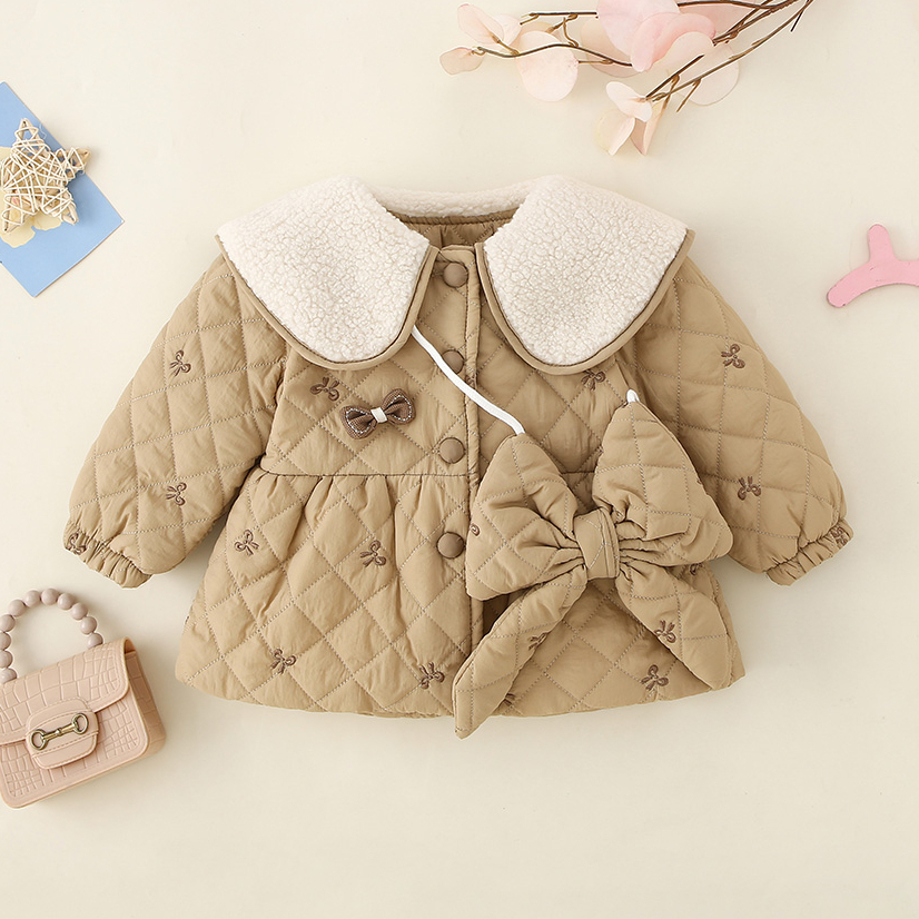 Áo Khoác Len Đính Nơ Lớn Thêu Họa Tiết Dễ Thương Thời Trang Mùa Đông Cho Bé Gái