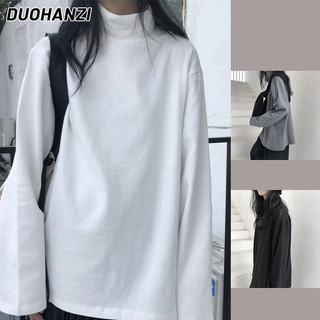 DUOHANZI Áo Thun Tay Dài Cổ Cao Màu Sắc Đơn Giản Dễ Phối Đồ Thời Trang Thu Đông Cho Nữ