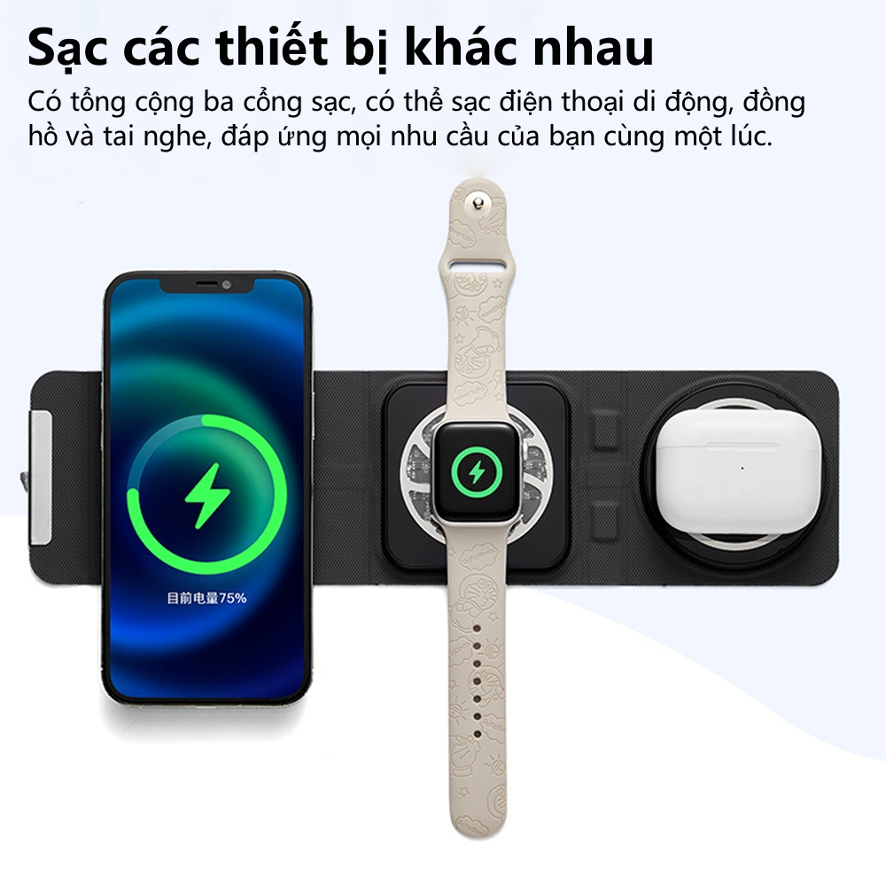 Đế Sạc Nam Châm Không Dây 3 Trong 1 15w Sạc Nhanh Cho Điện Thoại Thông Minh Và Tai Nghe Không Dây
