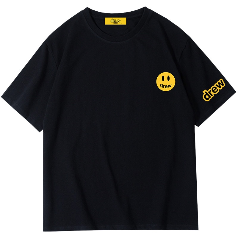 Áo Thun cotton Tay Ngắn Dáng Rộng Màu Đen in Hình Mặt Cười Phong Cách Âu Mỹ Thời Trang Cho Cặp Đôi