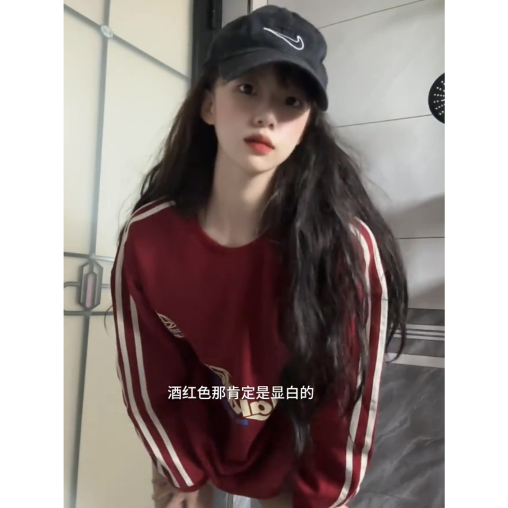 Ethelgirl Áo Nỉ Tay Dài Cổ Tròn Họa Tiết Kẻ Sọc In Chữ Phong Cách vintage Mỹ