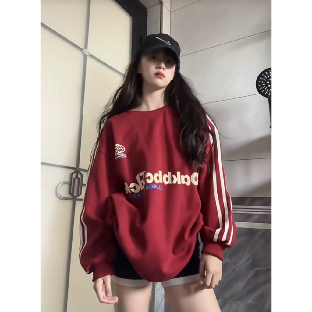 Ethelgirl Áo Nỉ Tay Dài Cổ Tròn Họa Tiết Kẻ Sọc In Chữ Phong Cách vintage Mỹ