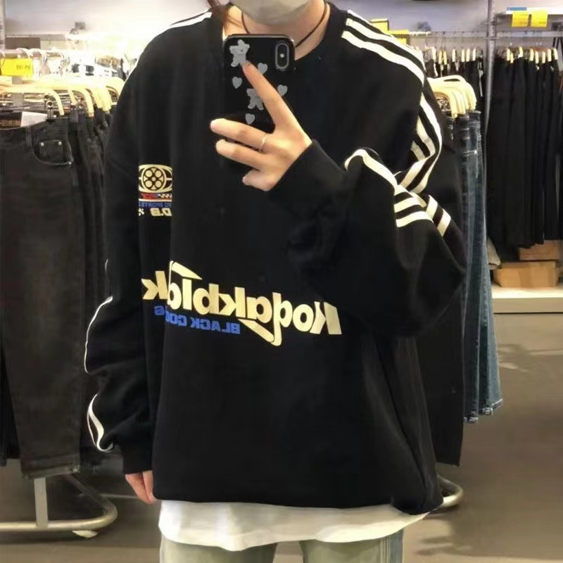 Ethelgirl Áo Nỉ Tay Dài Cổ Tròn Họa Tiết Kẻ Sọc In Chữ Phong Cách vintage Mỹ