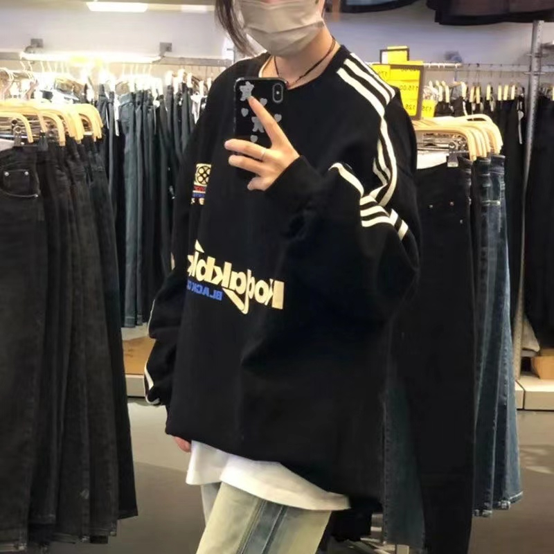 Ethelgirl Áo Nỉ Tay Dài Cổ Tròn Họa Tiết Kẻ Sọc In Chữ Phong Cách vintage Mỹ