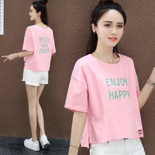 Áo thun hàn quốc dáng lửng cổ tròn tay lửng lưng vừa rách cá tính cho nữ