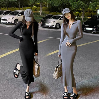 Đầm Sơ Mi Đen Dài Tay Cổ Chữ v Phong Cách retro Hàn Quốc