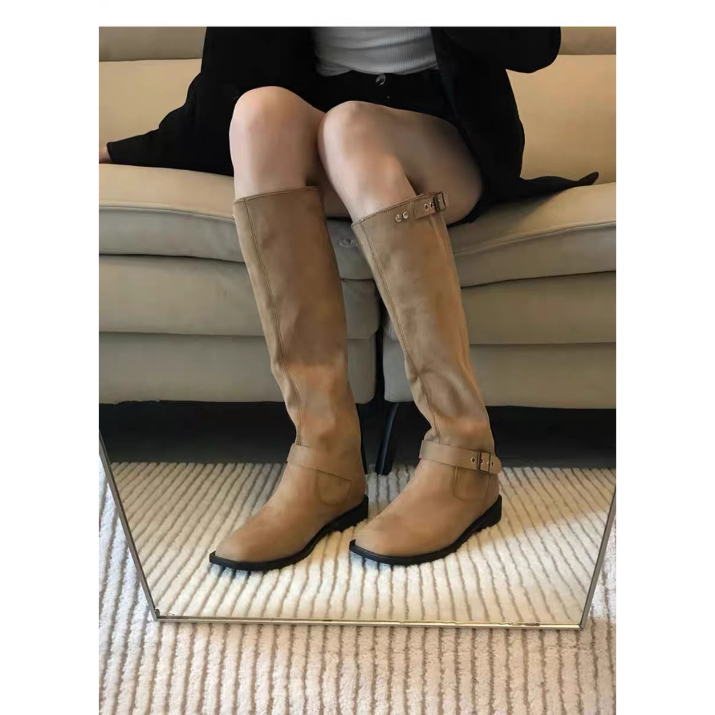 Giày Bốt Cao Bồi Cổ Cao Qua Gối Mũi Vuông Đế Dày Màu Nâu Phong Cách Cao Bồi Phương Tây Cho Nam