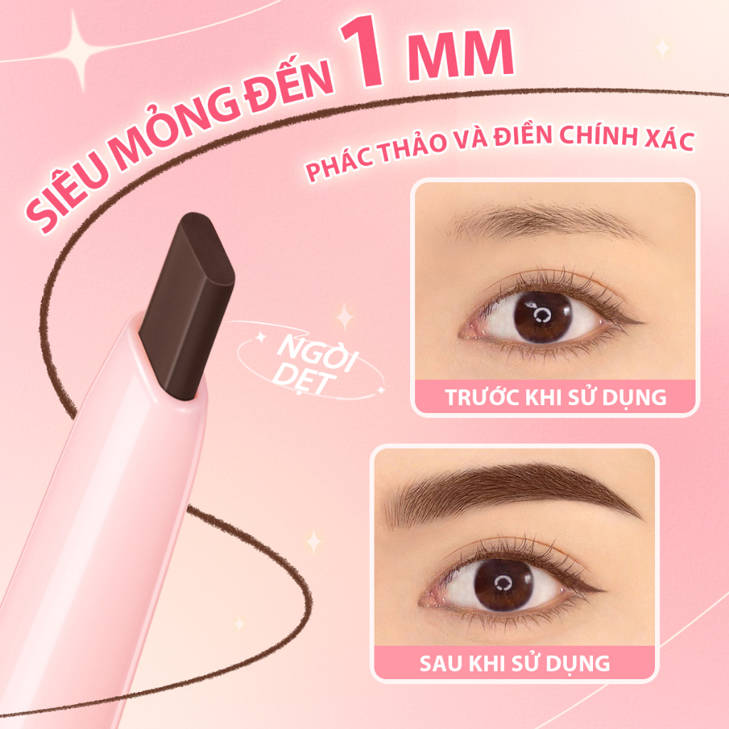 PINKFLASH SkinnyLine Bút Kẻ Mày Đầu Rút Siêu Mịn 1mm Đầu Ngòi Dẹt Nét Mịn Hai Đầu Không Vón Cục Không Thấm Nước Lâu Trôi Sắc Tố Cao Chống Gấy Dễ Sử Dụng