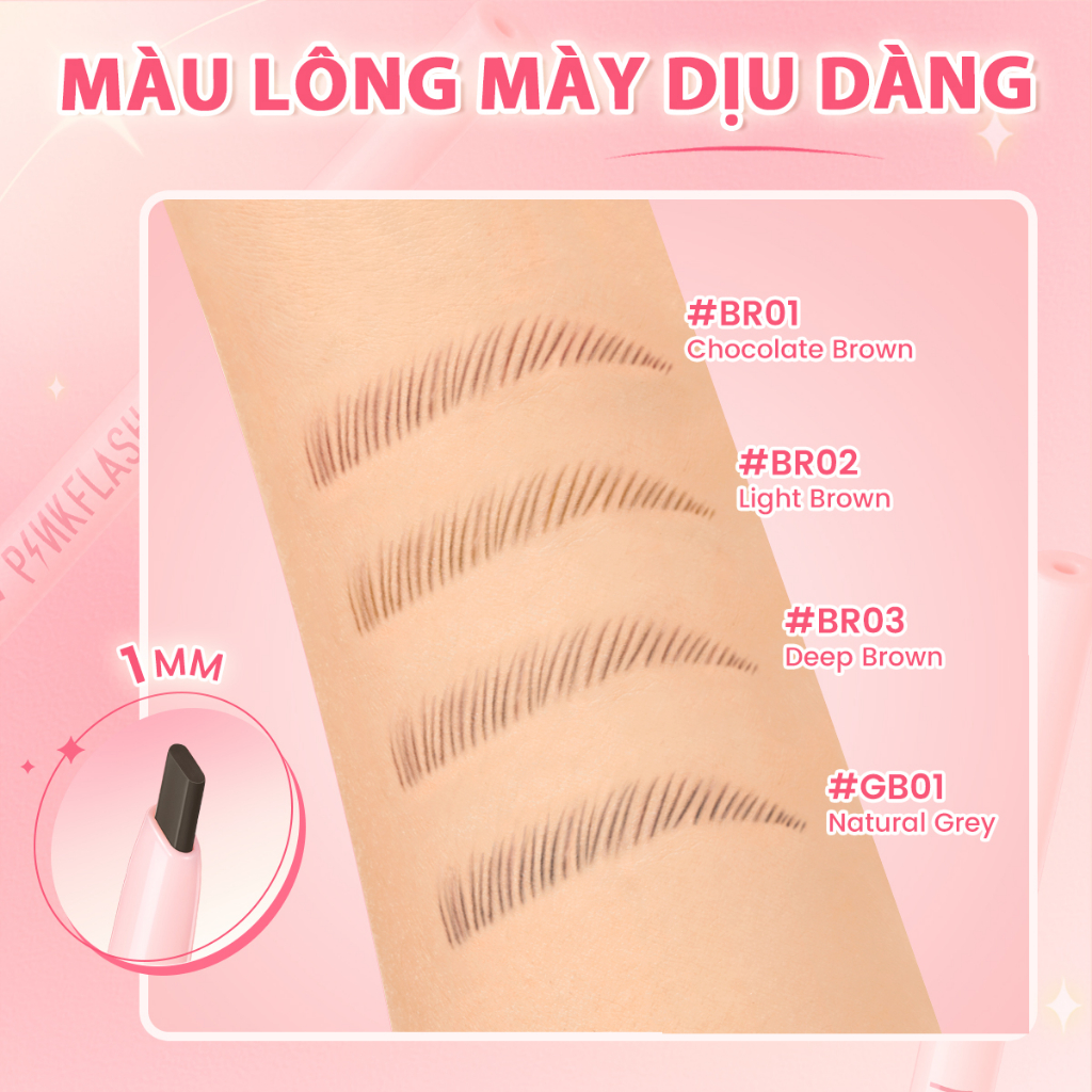 PINKFLASH SkinnyLine Bút Kẻ Mày Đầu Rút Siêu Mịn 1mm Đầu Ngòi Dẹt Nét Mịn Hai Đầu Không Vón Cục Không Thấm Nước Lâu Trôi Sắc Tố Cao Chống Gấy Dễ Sử Dụng