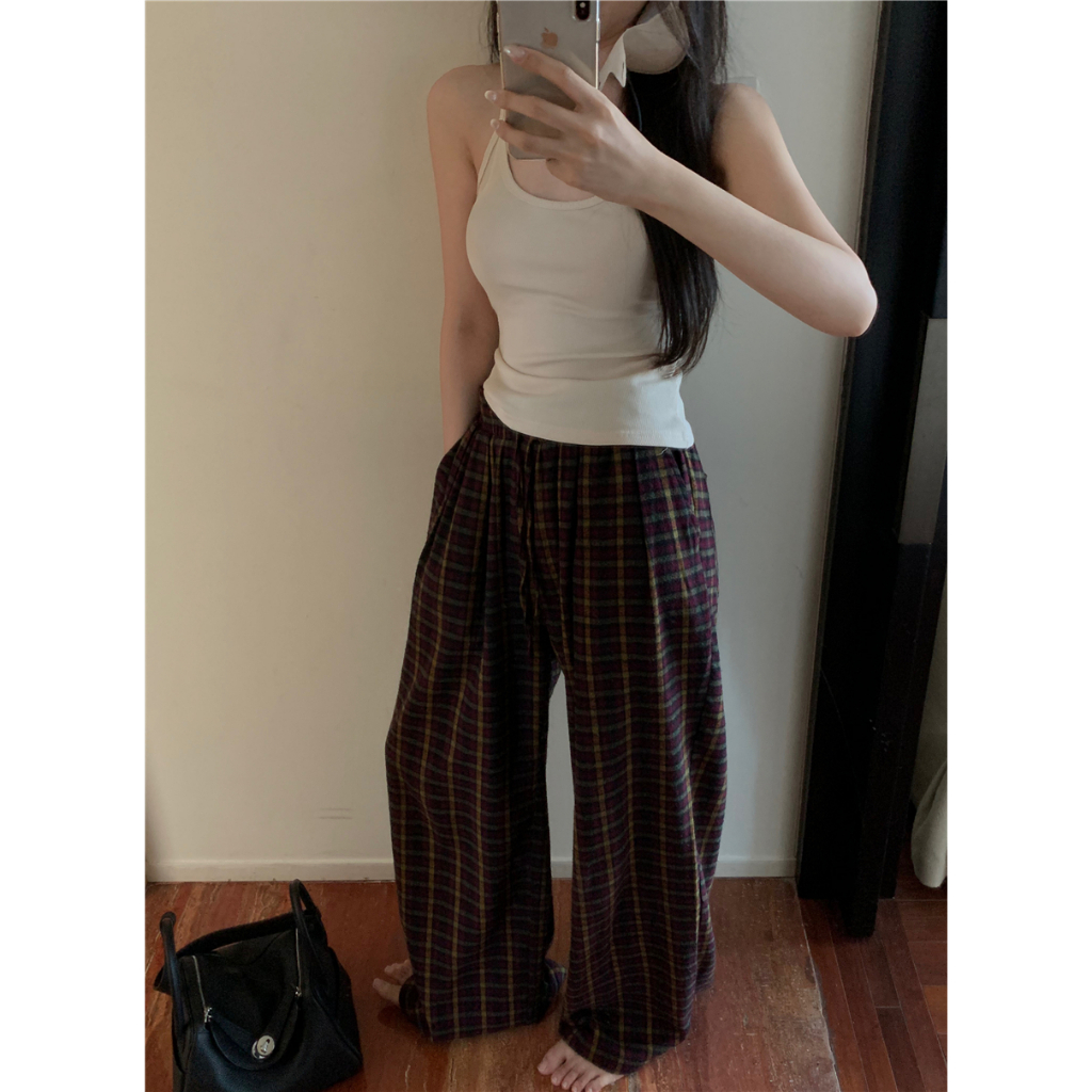 🍓Vintage plaid wide leg casual pants with loose black flesh blocking and stylish large sweater set