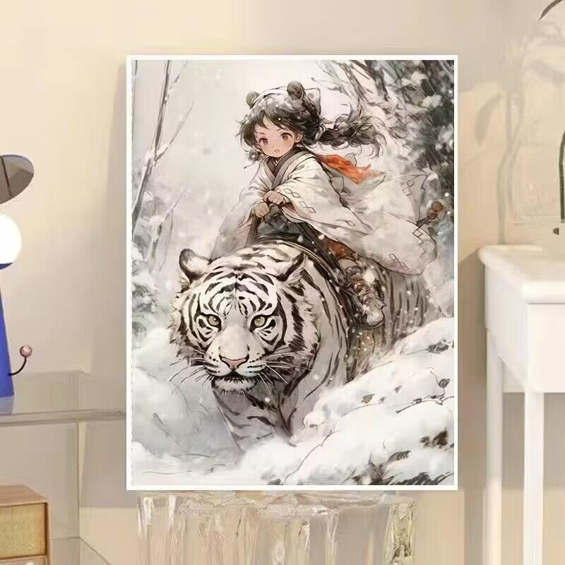 JINYOUtranh tô màu theo số/cô gái và con hổ/tranh sơn dầu tự làm/tranh acrylic/tô màu bằng tay/tranh trang trí