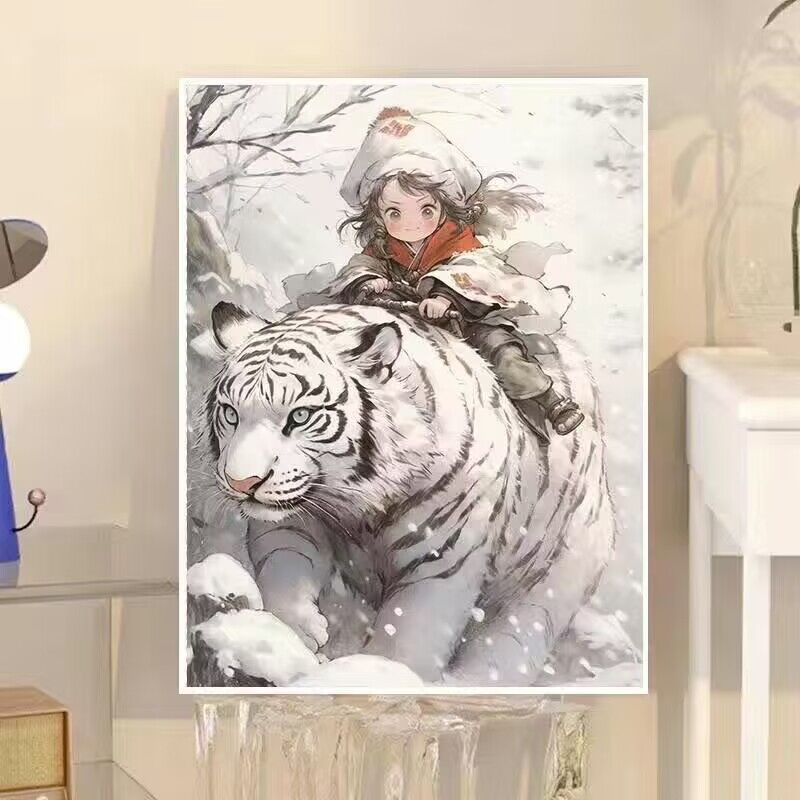 JINYOUtranh tô màu theo số/cô gái và con hổ/tranh sơn dầu tự làm/tranh acrylic/tô màu bằng tay/tranh trang trí