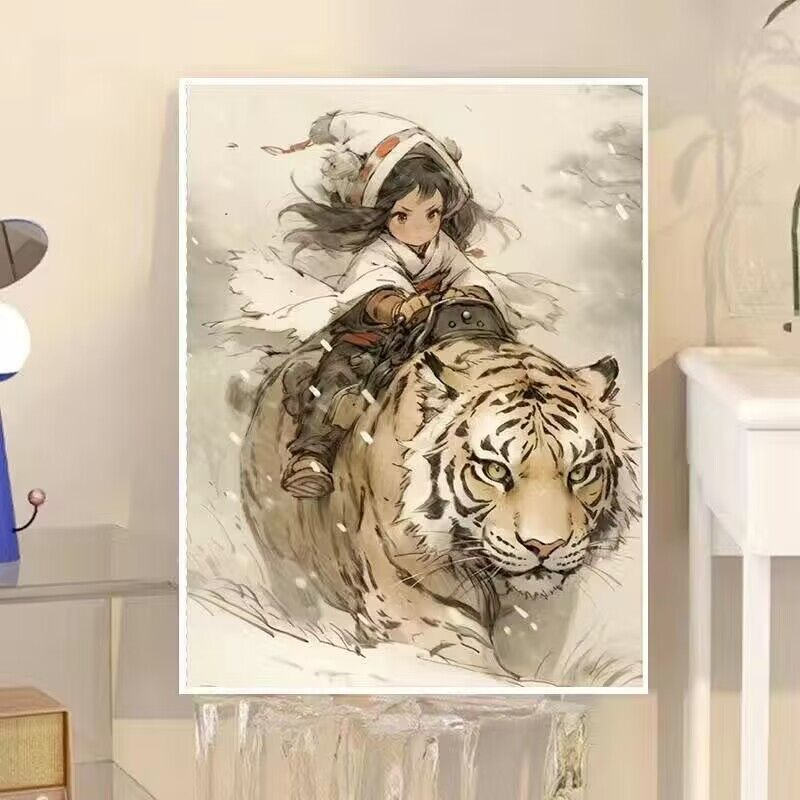 JINYOUtranh tô màu theo số/cô gái và con hổ/tranh sơn dầu tự làm/tranh acrylic/tô màu bằng tay/tranh trang trí