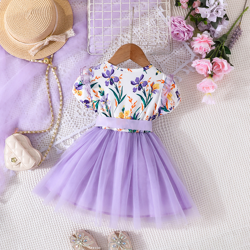 Váy bé gái 1-6 Tuổi Kiểu Công Chúa Thời Trang Ren Hoa Màu Tím Dễ Thương Mùa Hè Cho Bé Gái Trẻ em