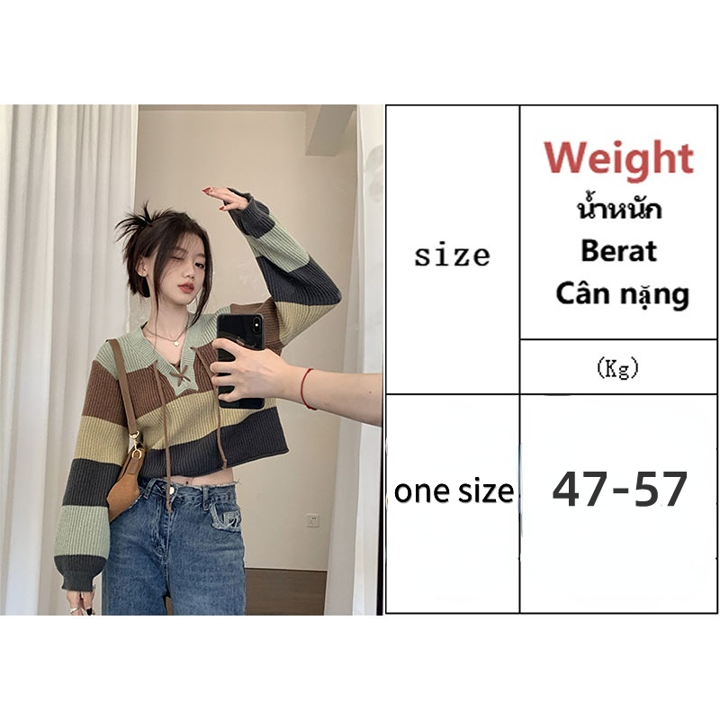 Xiang Nan Áo sweater Dệt Kim Tay Dài Dáng Rộng Ngắn Cổ Chữ v Màu Cà Vạt Tương Phản Thiết Kế Mới Mùa Thu Đông Cho Nữ