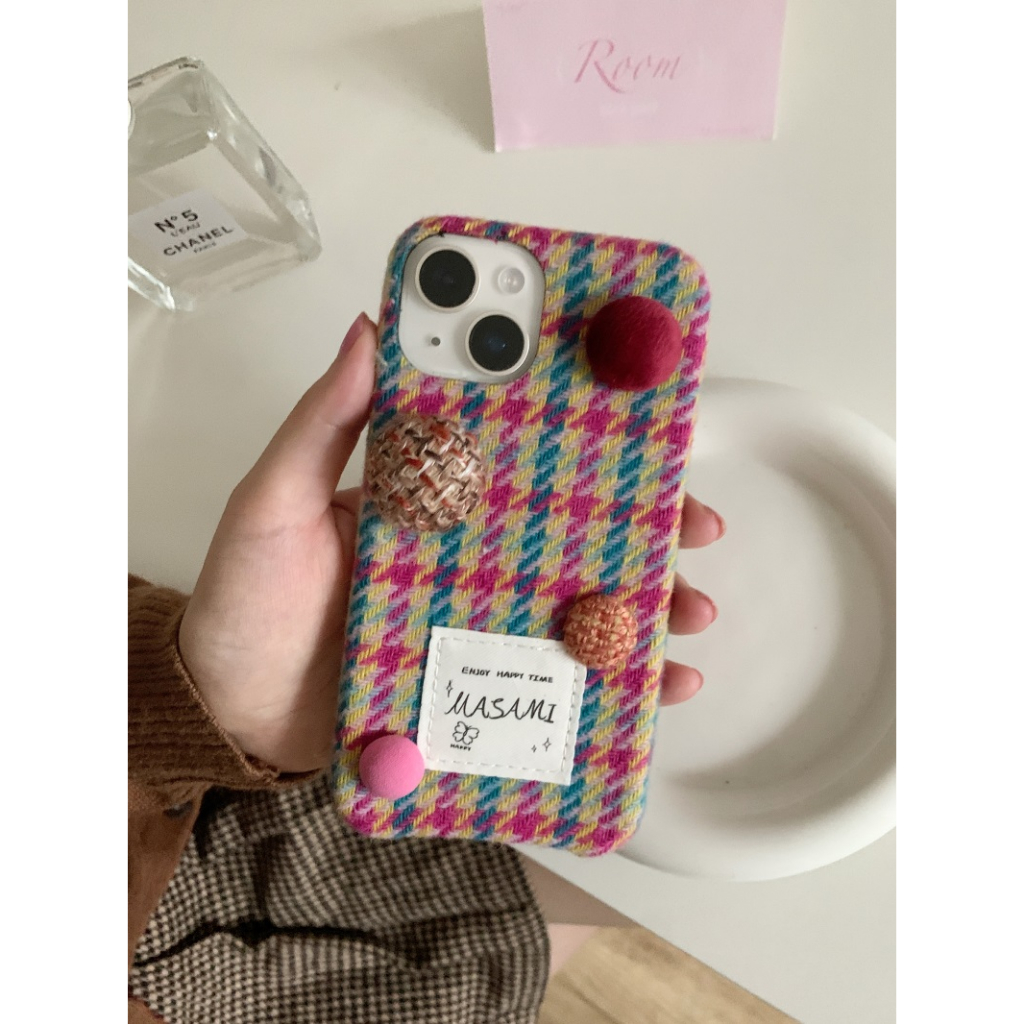 Ốp Điện Thoại Vải Nhung Kẻ Sọc Phối Nút Thời Trang Thu Đông Cho iphone 13 pro max 15 pro max 14 pro max