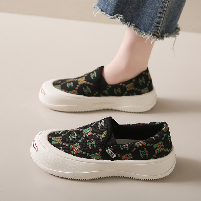 One more shoes⭐Giày Lười Vải canvas Mũi Tròn In Chữ Thời Trang Xuân Hè Cho Nữ