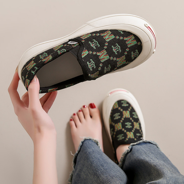 One more shoes⭐Giày Lười Vải canvas Mũi Tròn In Chữ Thời Trang Xuân Hè Cho Nữ