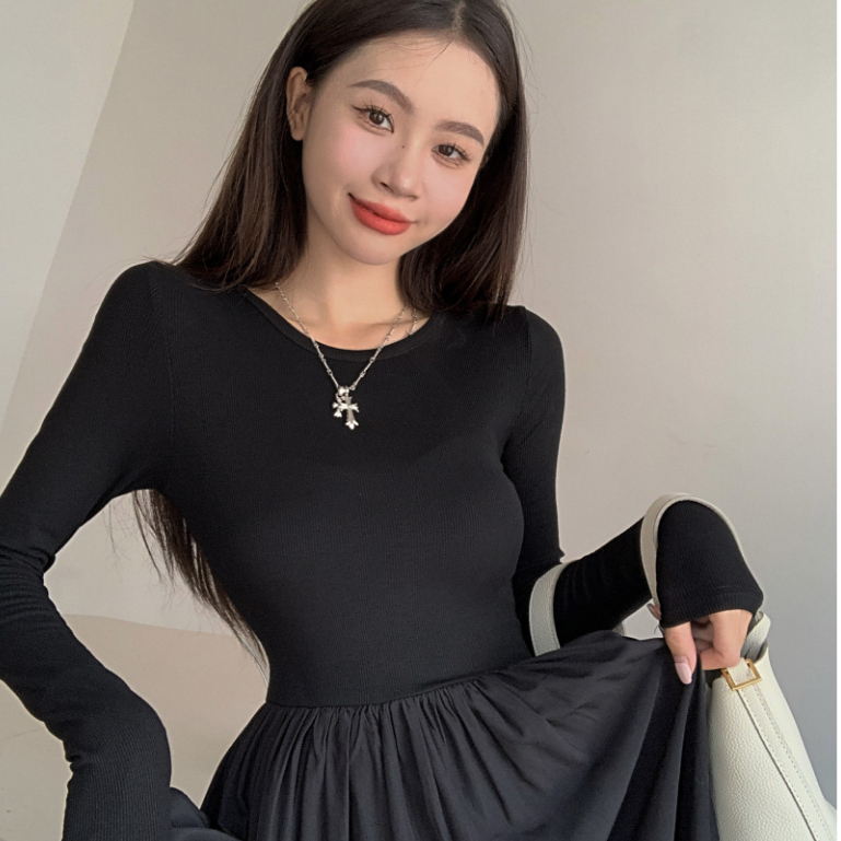 Đen Đầm Dệt Kim Tay Dài Cổ Tròn Dáng Ôm Thời Trang Mùa Thu Xinh Xắn Ch