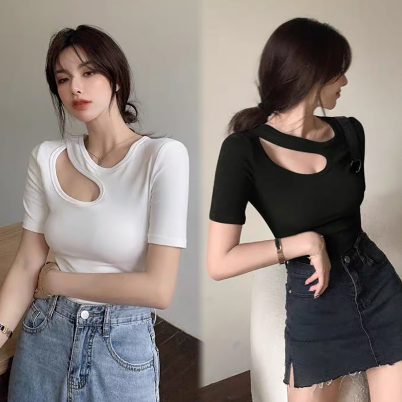 WANG JIAO ZHAN Áo croptop  thun tay ngắn màu trơn thiết kế cắt khoét cá tính thời trang