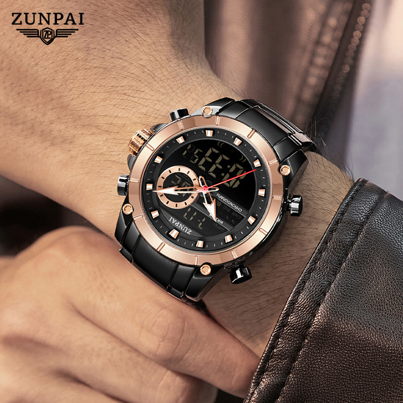 WISHDOIT Đồng hồ nam gốc Chống Nước Quartz Màn hình kép LED tương tự Ba Mắt Đa Năng Dây Thép Không Gỉ Thời Trang Thể Thao Cho Nam mặt SSD-6660