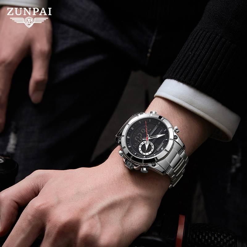 WISHDOIT Đồng hồ nam gốc Chống Nước Quartz Màn hình kép LED tương tự Ba Mắt Đa Năng Dây Thép Không Gỉ Thời Trang Thể Thao Cho Nam mặt SSD-6660