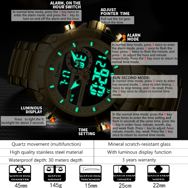 WISHDOIT Đồng hồ nam gốc Chống Nước Quartz Màn hình kép LED tương tự Ba Mắt Đa Năng Dây Thép Không Gỉ Thời Trang Thể Thao Cho Nam mặt SSD-6660