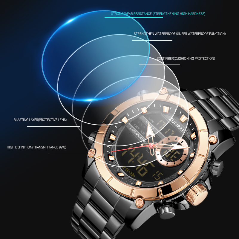 WISHDOIT Đồng hồ nam gốc Chống Nước Quartz Màn hình kép LED tương tự Ba Mắt Đa Năng Dây Thép Không Gỉ Thời Trang Thể Thao Cho Nam mặt SSD-6660