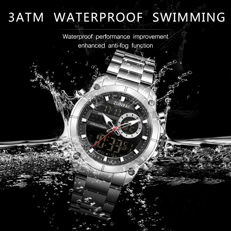 WISHDOIT Đồng hồ nam gốc Chống Nước Quartz Màn hình kép LED tương tự Ba Mắt Đa Năng Dây Thép Không Gỉ Thời Trang Thể Thao Cho Nam mặt SSD-6660