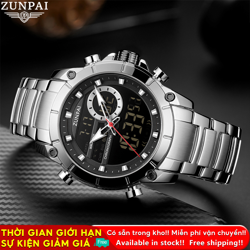 WISHDOIT Đồng hồ nam gốc Chống Nước Quartz Màn hình kép LED tương tự Ba Mắt Đa Năng Dây Thép Không Gỉ Thời Trang Thể Thao Cho Nam mặt SSD-6660