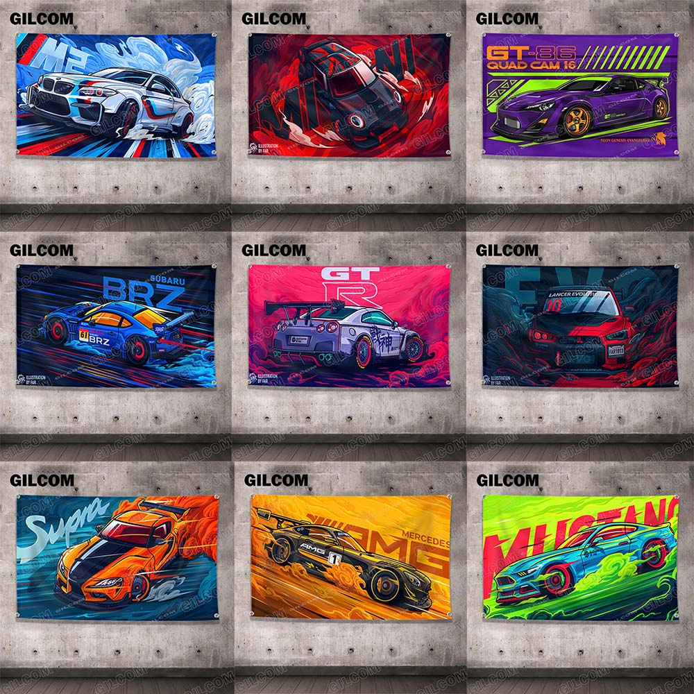 Hoạt Hình Đua Poster Cờ Subaru BRZ Lancer Evolution Supra Mercedes Amg Trang Trí Quảng Cáo Đồ Họa Tù