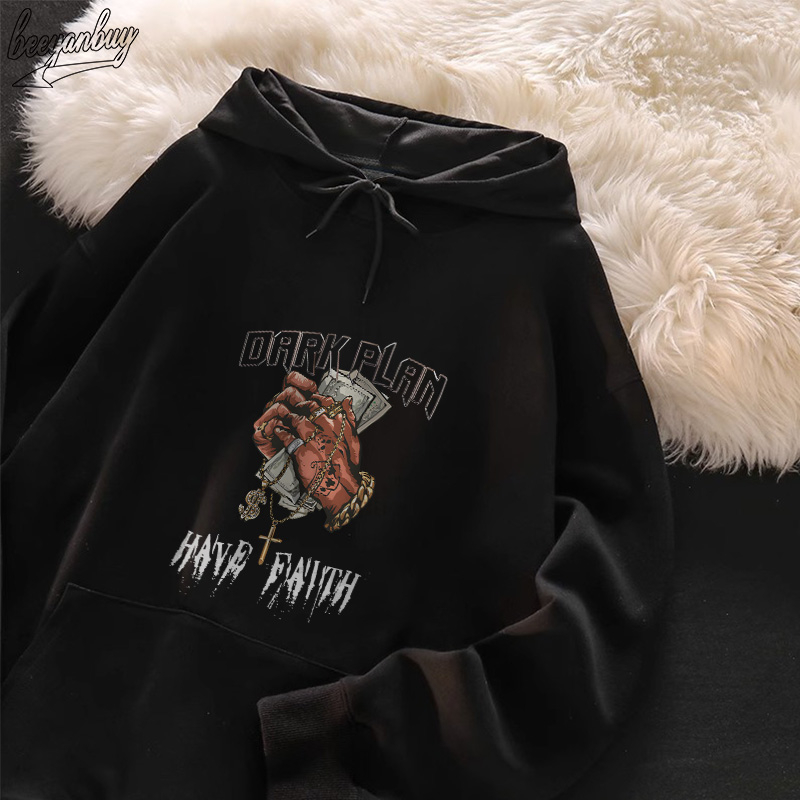 Áo Hoodie Cotton Đen BEEYANBUY áo nỉ tay dài thời trang in hình unisex 100% cotton-V0026